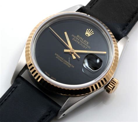 rolex 18k ss datejust custom black onyx leather band|rolex leather bracelet.